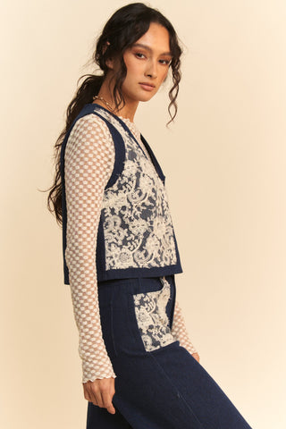 Davi & Dani Lace Patch Open Front Denim Vest