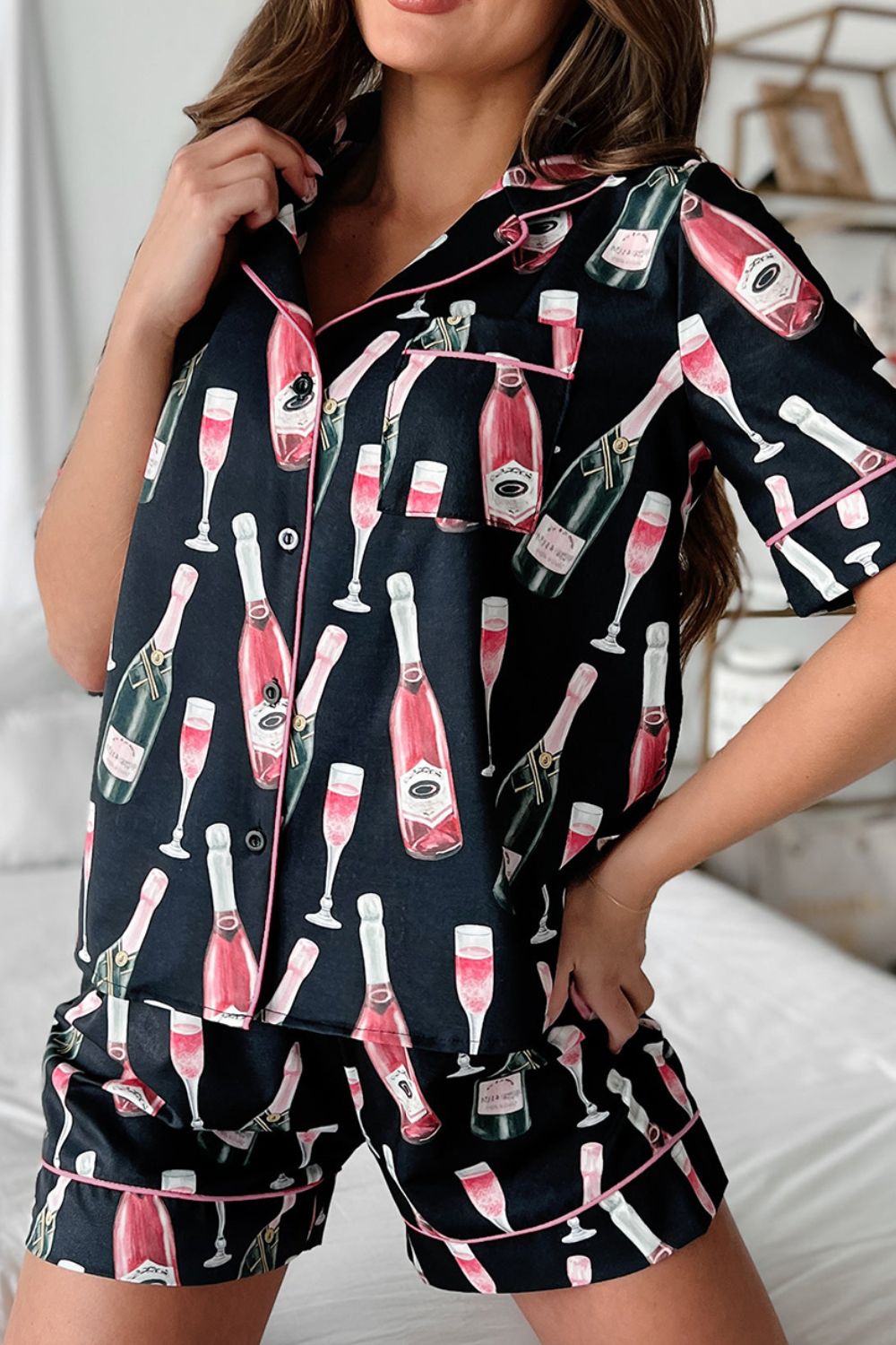 Champagne Print Short Sleeve Top and Shorts Sleepwear Set