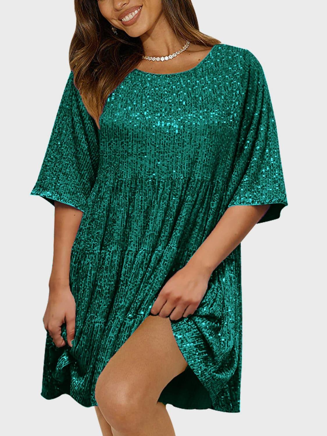 Andrea Full Size Sequin Round Neck Half Sleeve Mini Dress