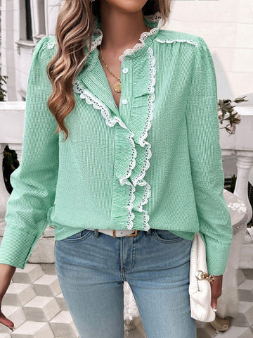 Dakota Lace Detail Ruffled Round Neck Long Sleeve Shirt