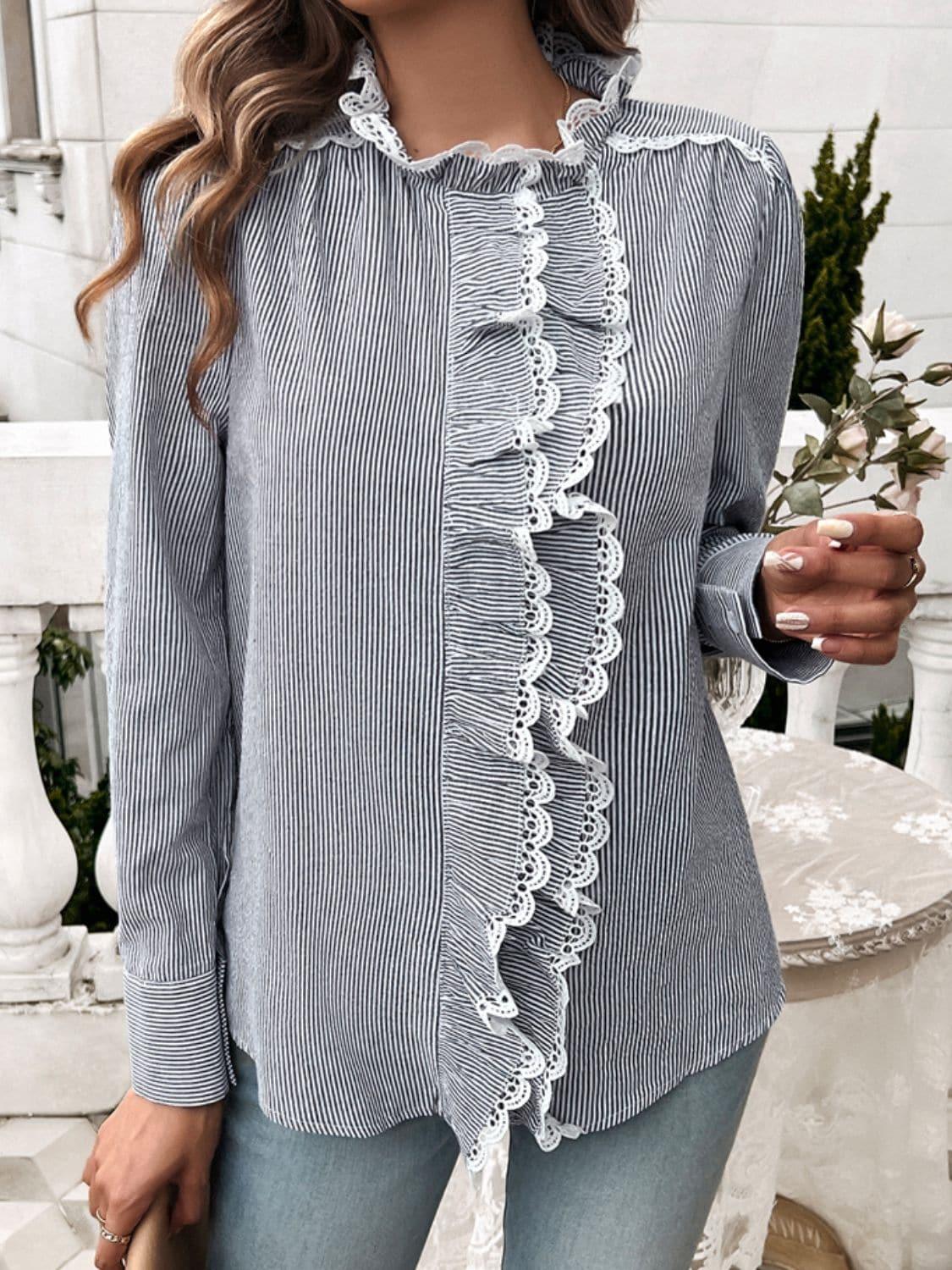 Dakota Lace Detail Ruffled Round Neck Long Sleeve Shirt