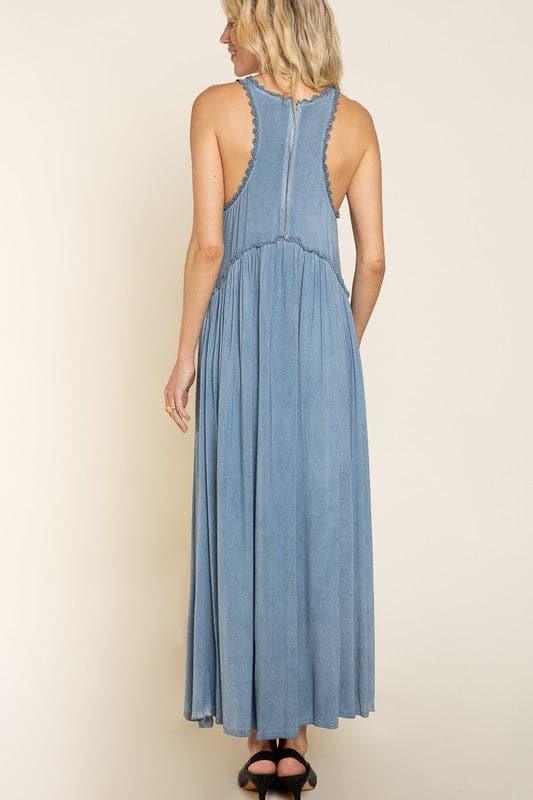 POL Stone Washed Side Slit Cut Out Maxi Dress - SwagglyLife Home & Fashion