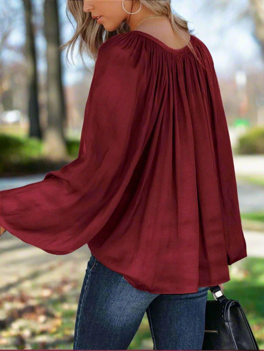 Ruched Tie Neck Balloon Sleeve Blouse