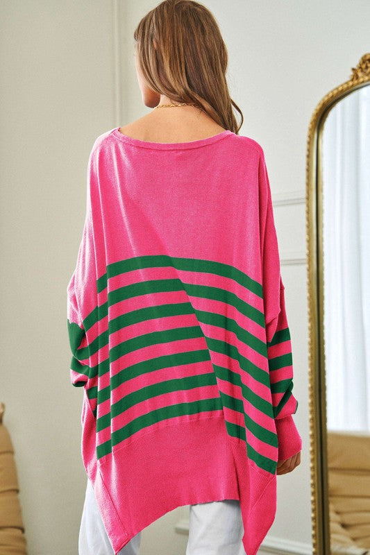 Multi Striped Elbow Patch Loose Fit Sweater Top