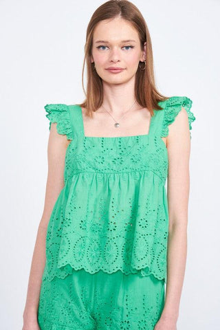 Bailee Ruffle Sleeve Hem Eyelet Top - SwagglyLife Home & Fashion