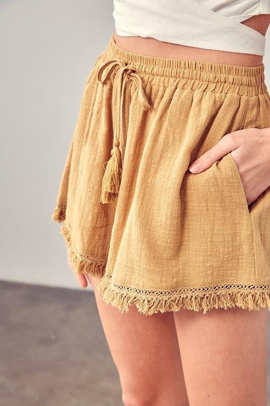 Mustard Seed Fringe Trim Hem Shorts - SwagglyLife Home & Fashion
