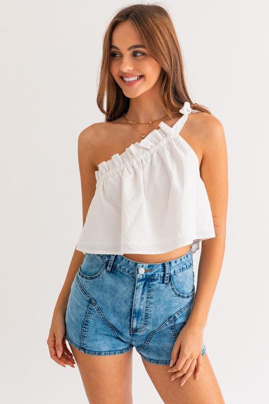 LE LIS Asymmetrical Ruffle Crop Top, White - SwagglyLife Home & Fashion