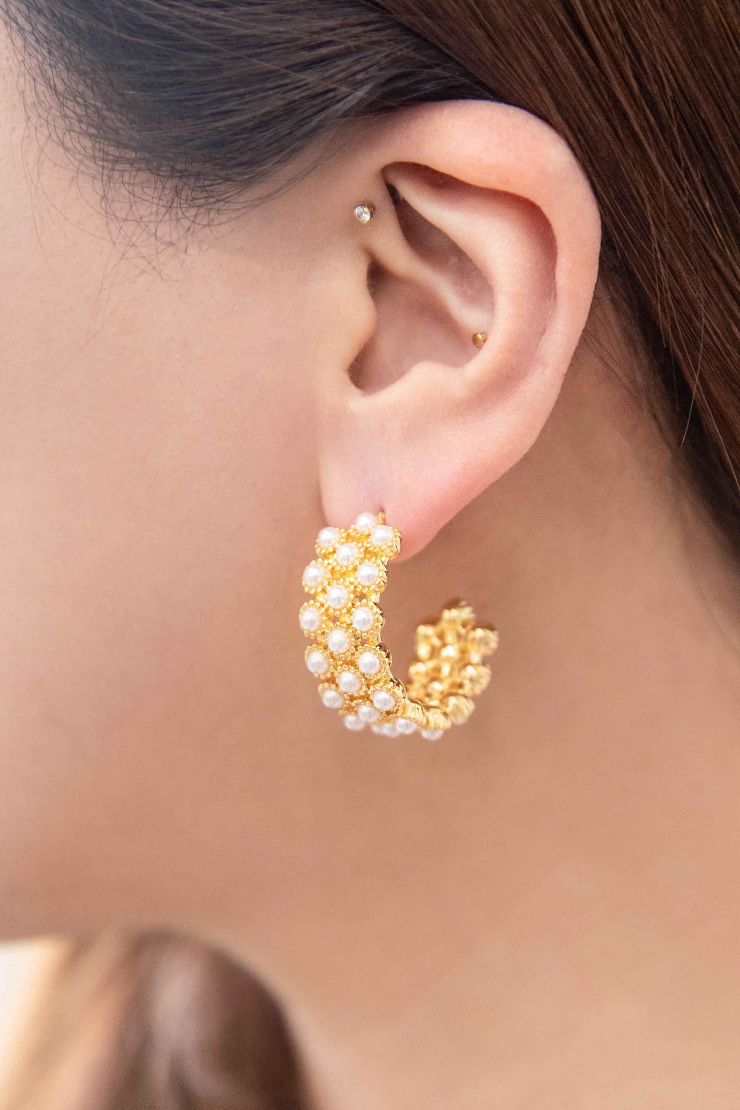 LOVODA Pearl Lattice Hoop Earrings