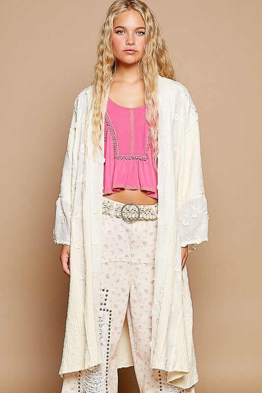 POL Flower Lace Trim Open Front Longline Cardigan