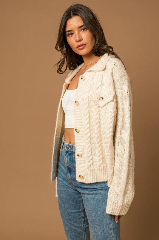 GILLI Collared Cable Sweater Cardigan