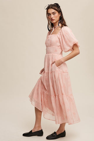 Listicle Flower Embroidered Puff Sleeve Tiered Maxi Dress