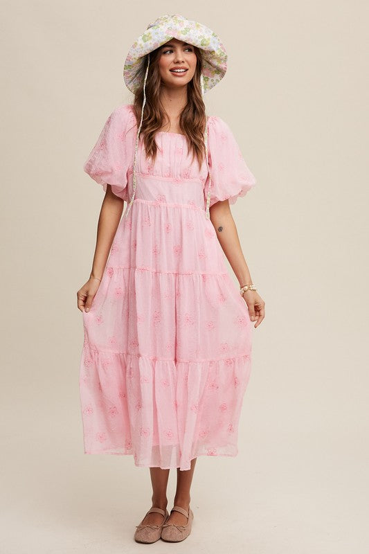 Listicle Flower Embroidered Puff Sleeve Tiered Maxi Dress