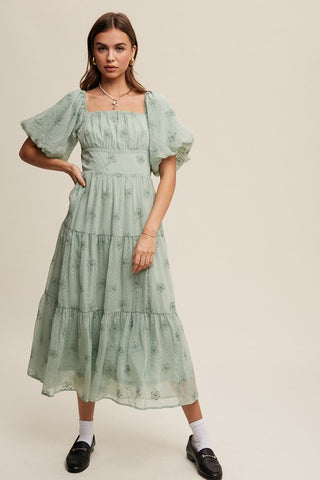 Listicle Flower Embroidered Puff Sleeve Tiered Maxi Dress