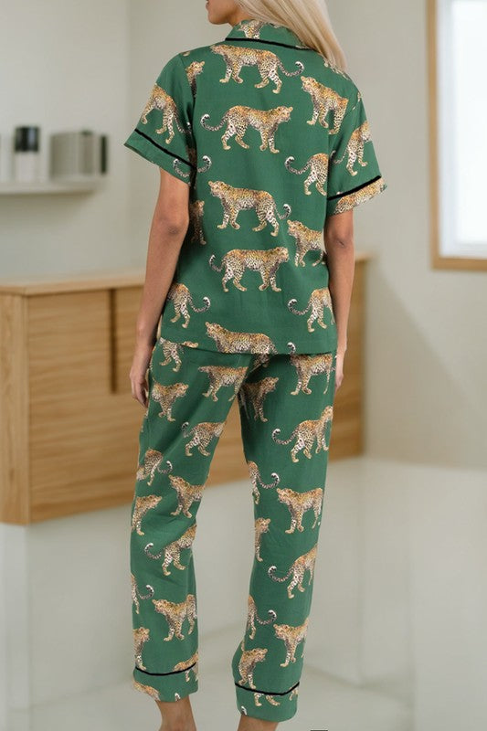 Cheetah Short Sleeve Shirt and Pants Pajama Set