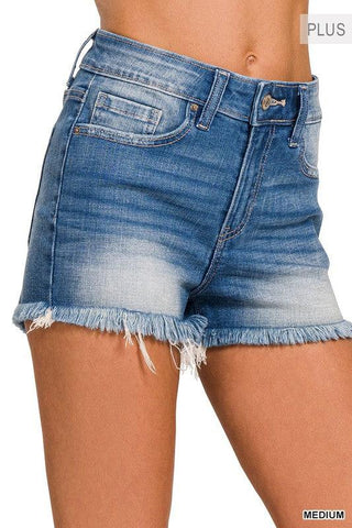 Zenana PLUS Mid Rise Raw Frayed Hem Denim Shorts - SwagglyLife Home & Fashion