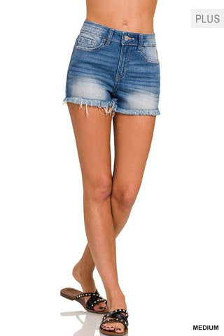 Zenana PLUS Mid Rise Raw Frayed Hem Denim Shorts - SwagglyLife Home & Fashion