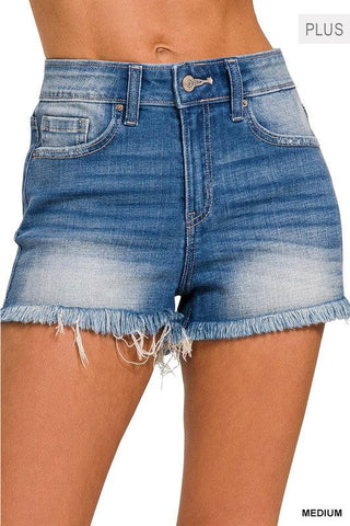 Zenana PLUS Mid Rise Raw Frayed Hem Denim Shorts - SwagglyLife Home & Fashion