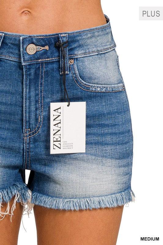 Zenana PLUS Mid Rise Raw Frayed Hem Denim Shorts - SwagglyLife Home & Fashion