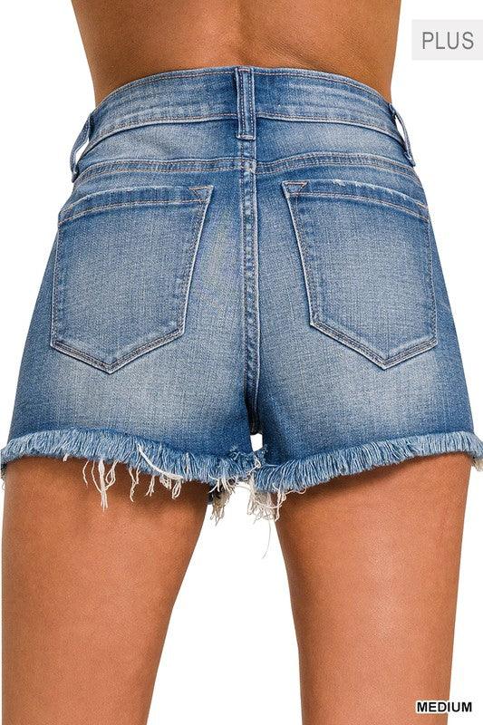 Zenana PLUS Mid Rise Raw Frayed Hem Denim Shorts - SwagglyLife Home & Fashion