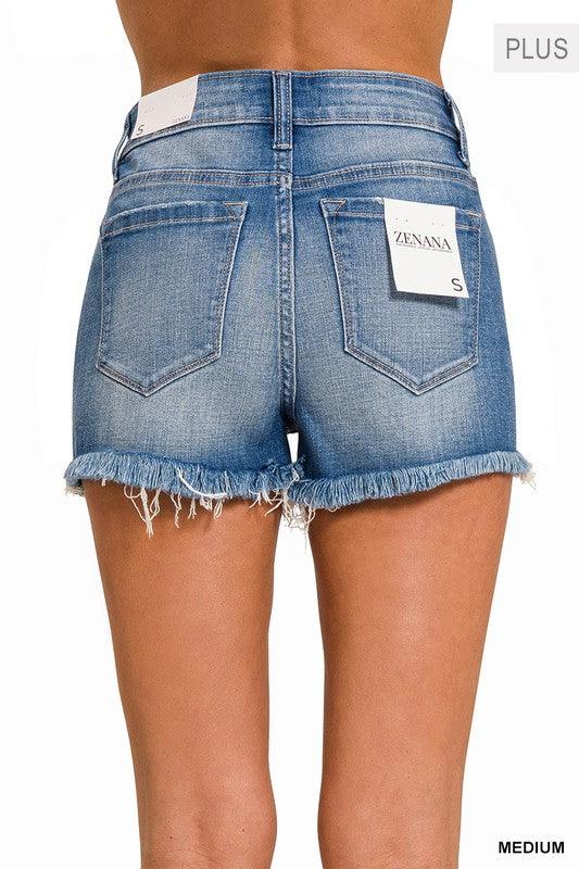 Zenana PLUS Mid Rise Raw Frayed Hem Denim Shorts - SwagglyLife Home & Fashion