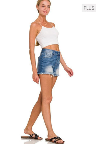 Zenana PLUS Mid Rise Raw Frayed Hem Denim Shorts - SwagglyLife Home & Fashion