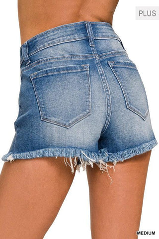 Zenana PLUS Mid Rise Raw Frayed Hem Denim Shorts - SwagglyLife Home & Fashion