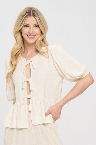 Renee C. Linen Puff Sleeve Top w Front Bow