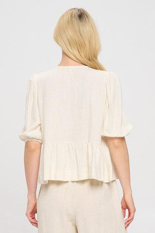 Renee C. Linen Puff Sleeve Top w Front Bow