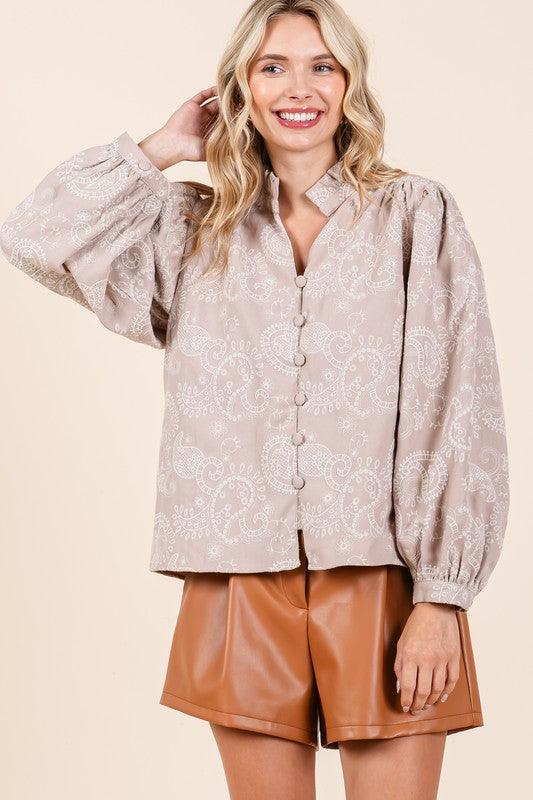 GeeGee Paisley Eyelet Laced Button-Up Blouse