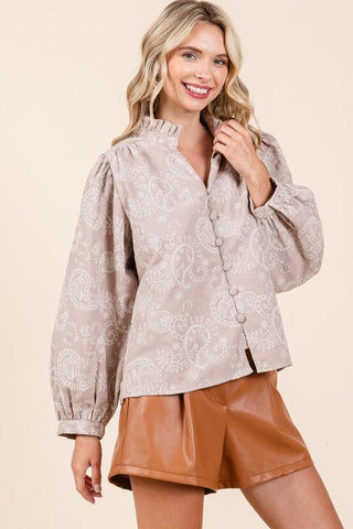 GeeGee Paisley Eyelet Laced Button-Up Blouse