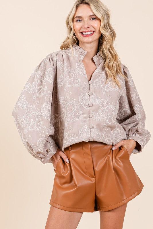 GeeGee Paisley Eyelet Laced Button-Up Blouse