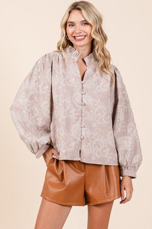 GeeGee Paisley Eyelet Laced Button-Up Blouse