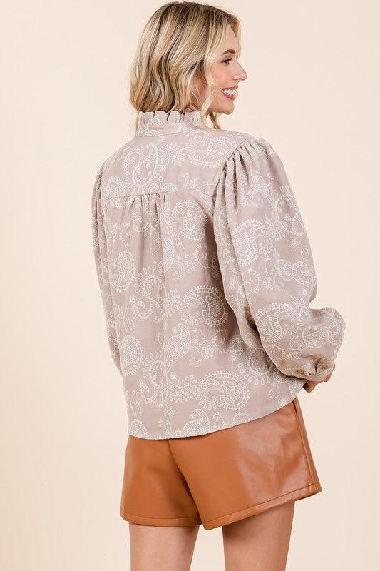 GeeGee Paisley Eyelet Laced Button-Up Blouse