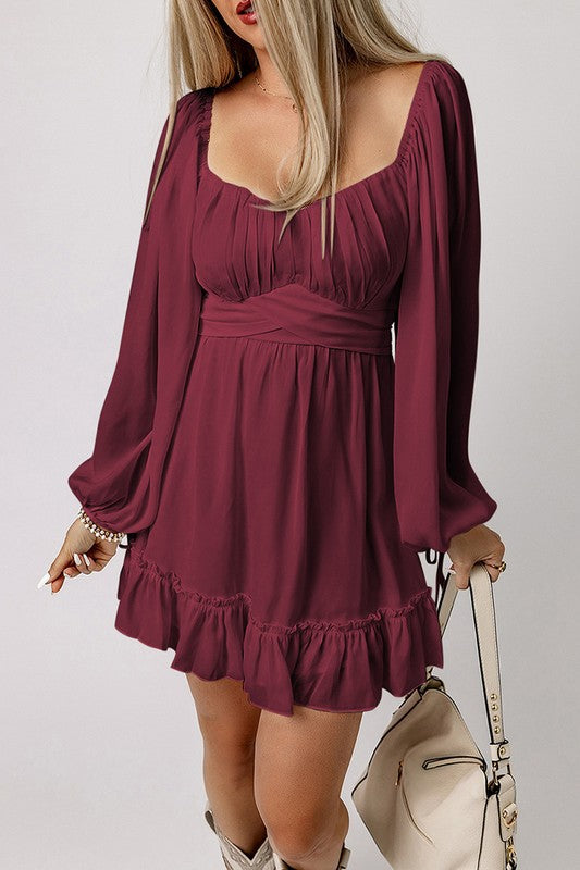 Ethereal Charm Ruffled High Waist Square Neck Mini Dress