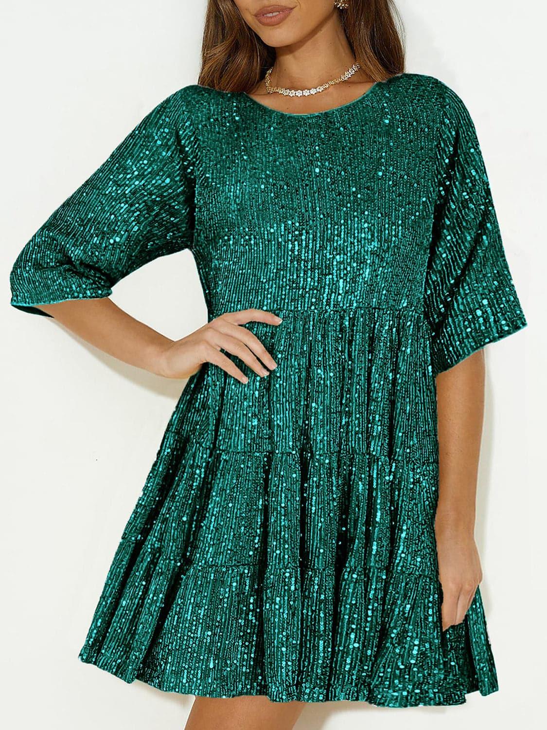 Andrea Full Size Sequin Round Neck Half Sleeve Mini Dress