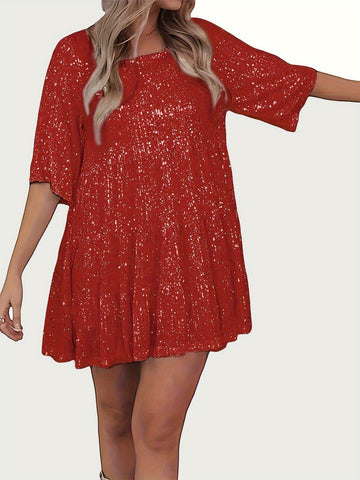 Andrea Full Size Sequin Round Neck Half Sleeve Mini Dress