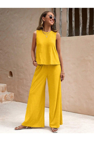 Camille Round Neck Sleeveless Top and Wide Leg Pants Set