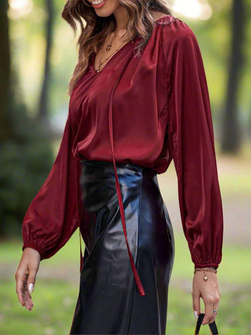 Ruched Tie Neck Balloon Sleeve Blouse