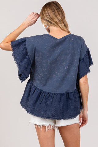 SAGE + FIG Ruffle Sleeve Washed Short Sleeve Blouse