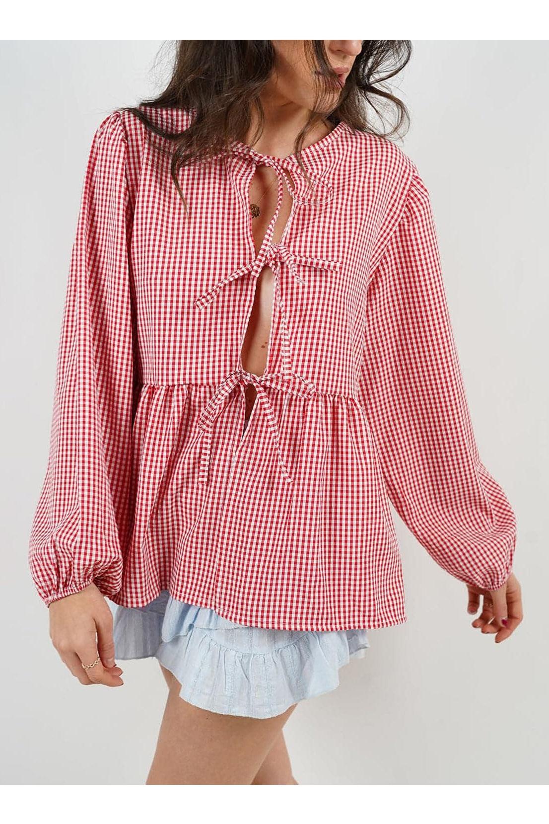 Susan Tied Round Neck Long Sleeve Blouse