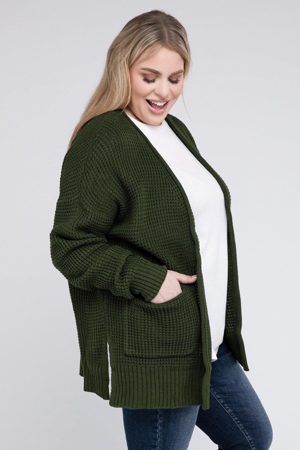 ZENANA Plus Low Gauge Waffle Open Cardigan Sweater - SwagglyLife Home & Fashion