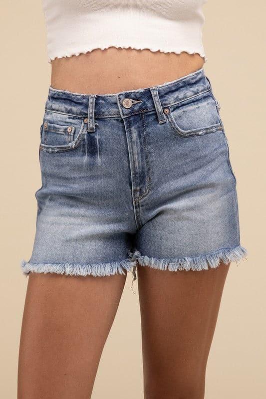 ZENANA Mid Rise Raw Frayed Hem Denim Shorts - SwagglyLife Home & Fashion