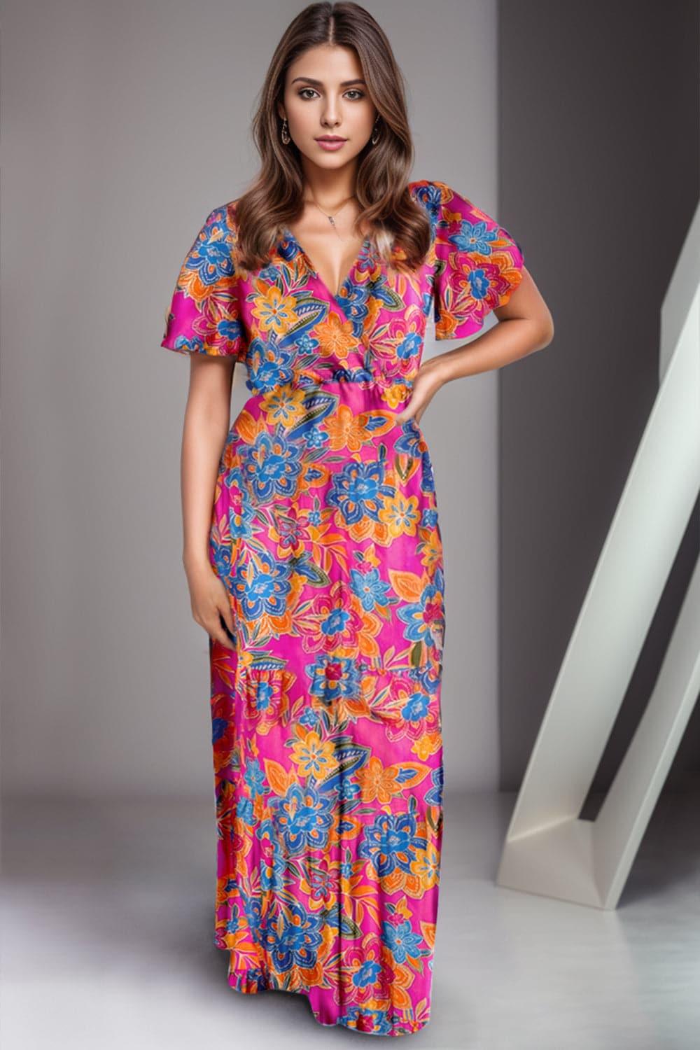 Rosie Printed Surplice Short Sleeve Maxi Dress - SwagglyLife Home & Fashion