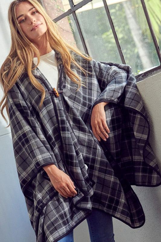 e Luna Toggle Close Plaid Blanket Shawl Poncho