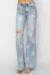 RISEN Mid Rise Button Fly Start Print Flare Jeans - SwagglyLife Home & Fashion