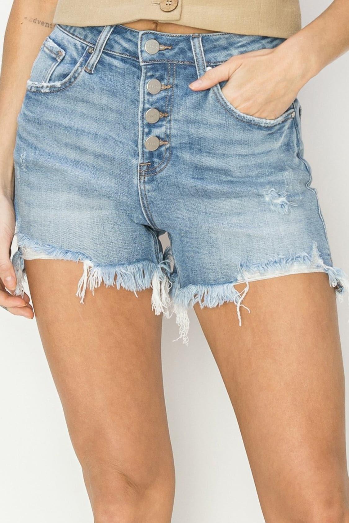 RISEN Button Fly Frayed Hem Denim Shorts - SwagglyLife Home & Fashion