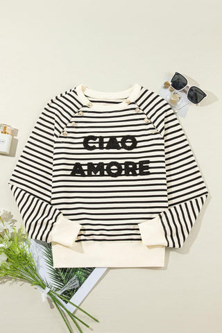 CIAO AMORE Decorative Button Striped Long Sleeve Sweatshirt