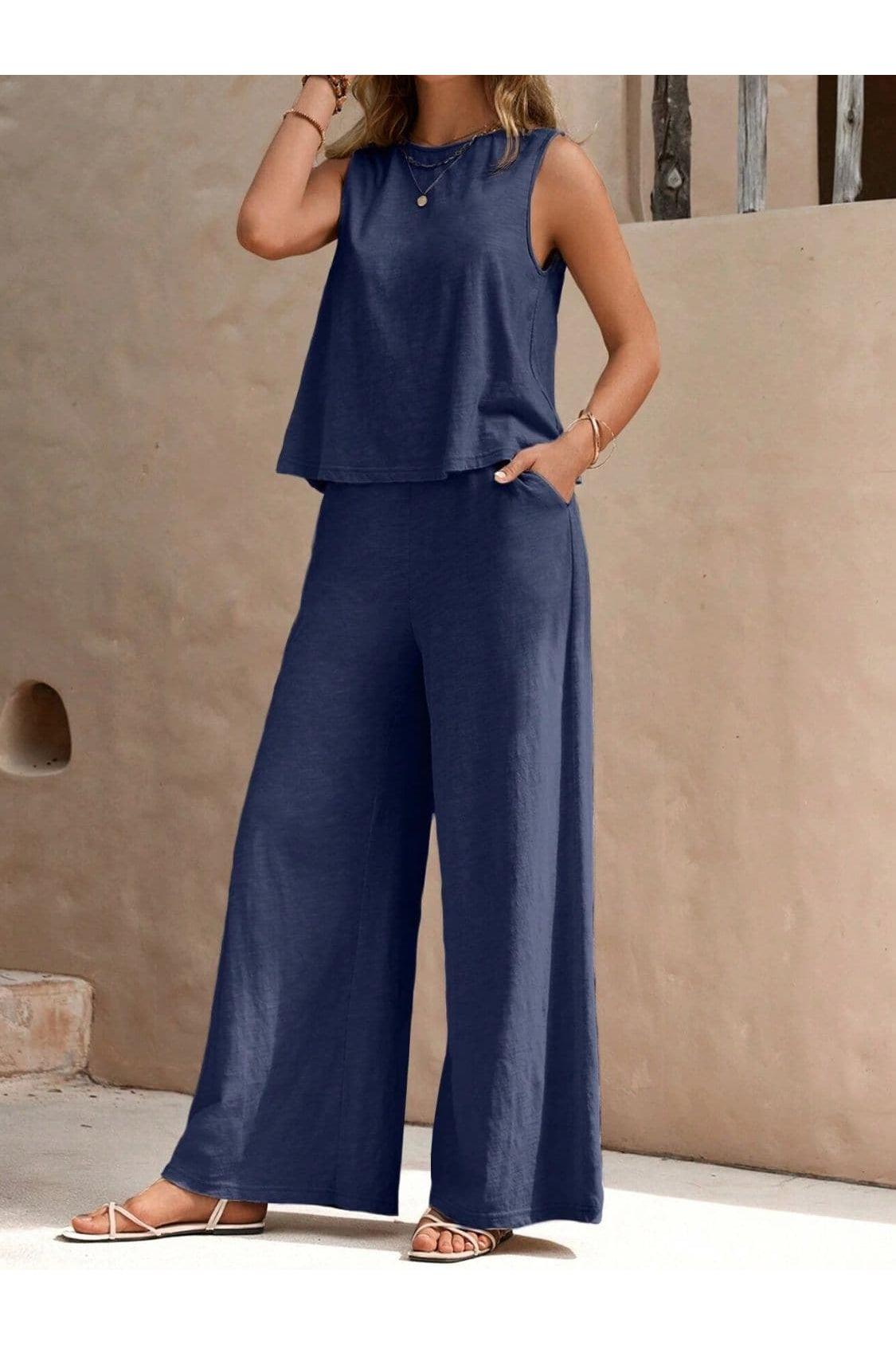 Camille Round Neck Sleeveless Top and Wide Leg Pants Set