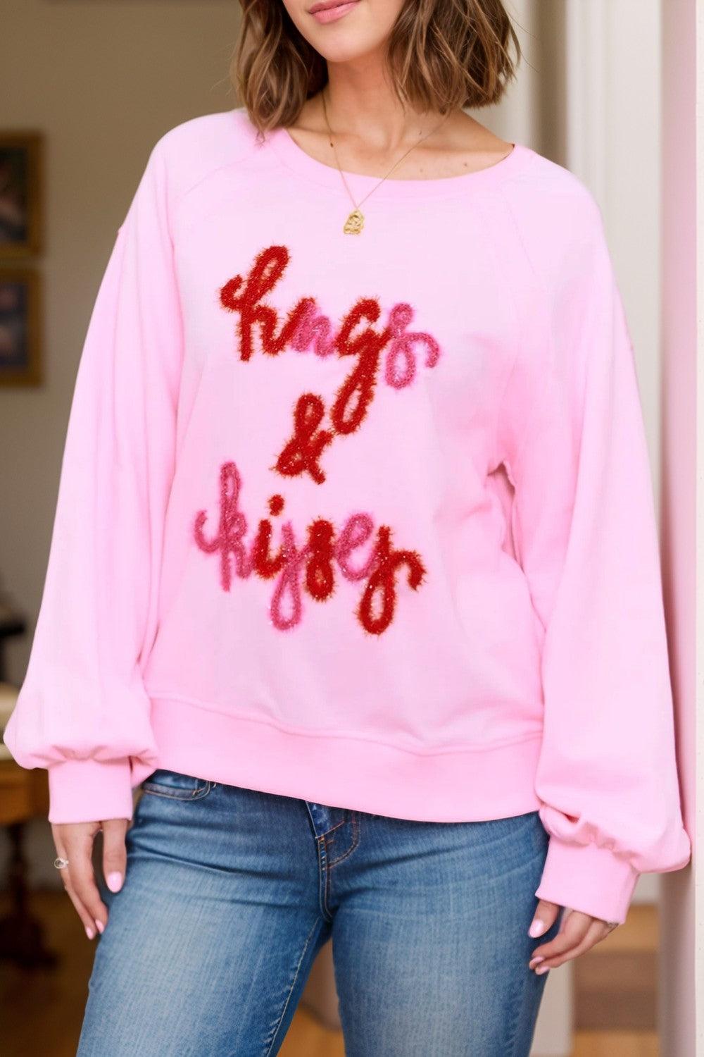 Hugs & Kisses Contrast Letter Round Neck Long Sleeve Sweatshirt