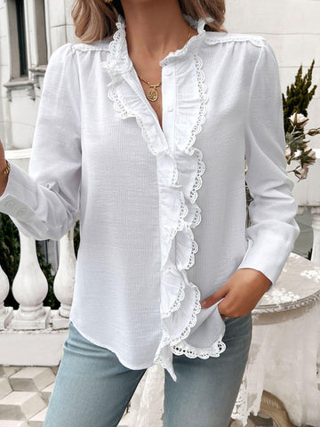 Dakota Lace Detail Ruffled Round Neck Long Sleeve Shirt